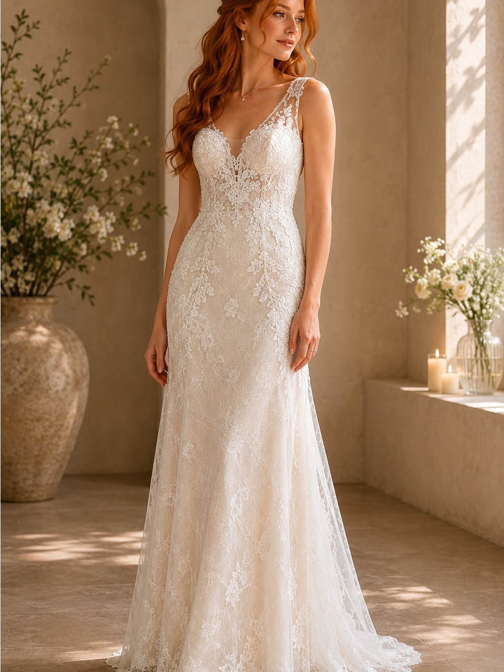 Lace V-Neck Wedding Gown in Ivory